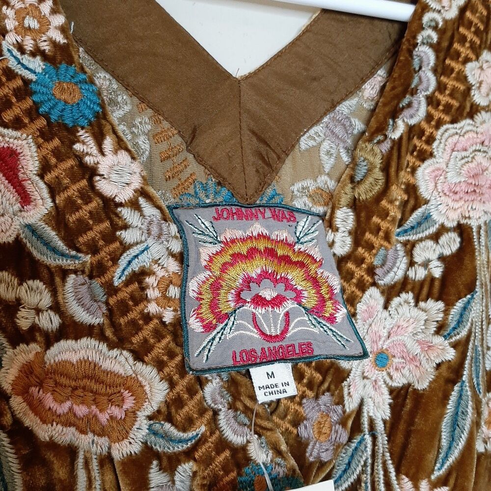NEW Johnny Was Serafina Kaftan Dress Brown / Yellow Women M Embroidery Velvet - Picture 5 of 16